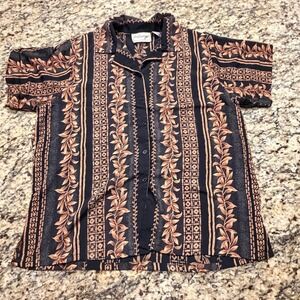 Vintage Entourage Womens XL Black Tan Tropical Leaf Stripe Button Up Camp Shirt